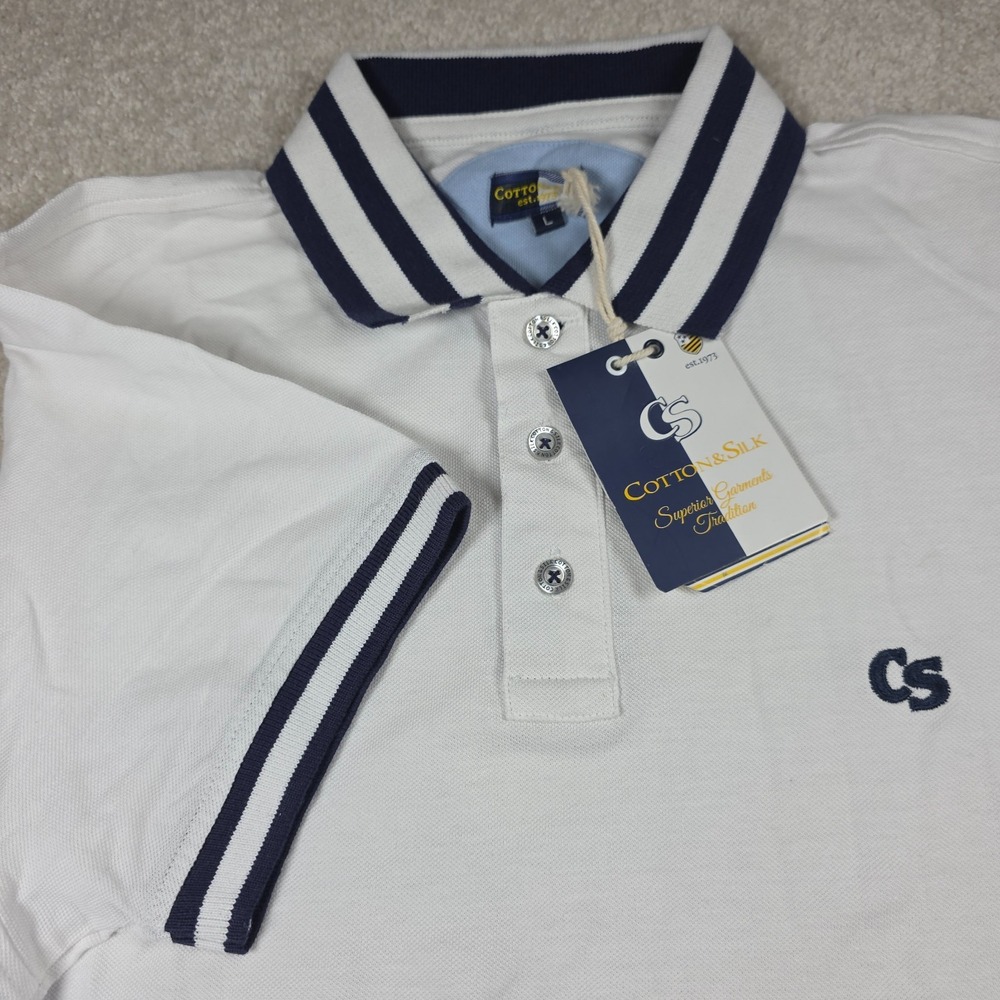 Cotton & Silk Polo Shirt Mens L Blue White Colorblock Short Sleeve Slit Hem NWT